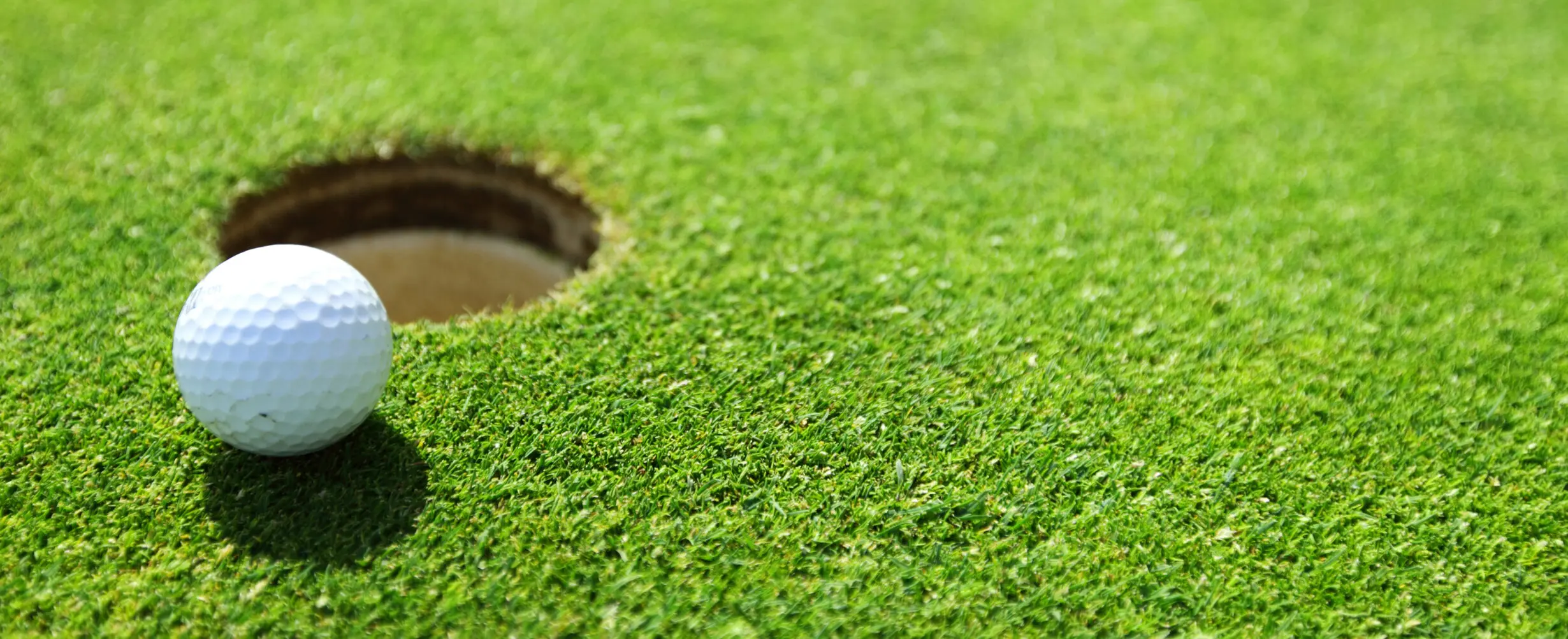 A golf ball on lip of cup close up.