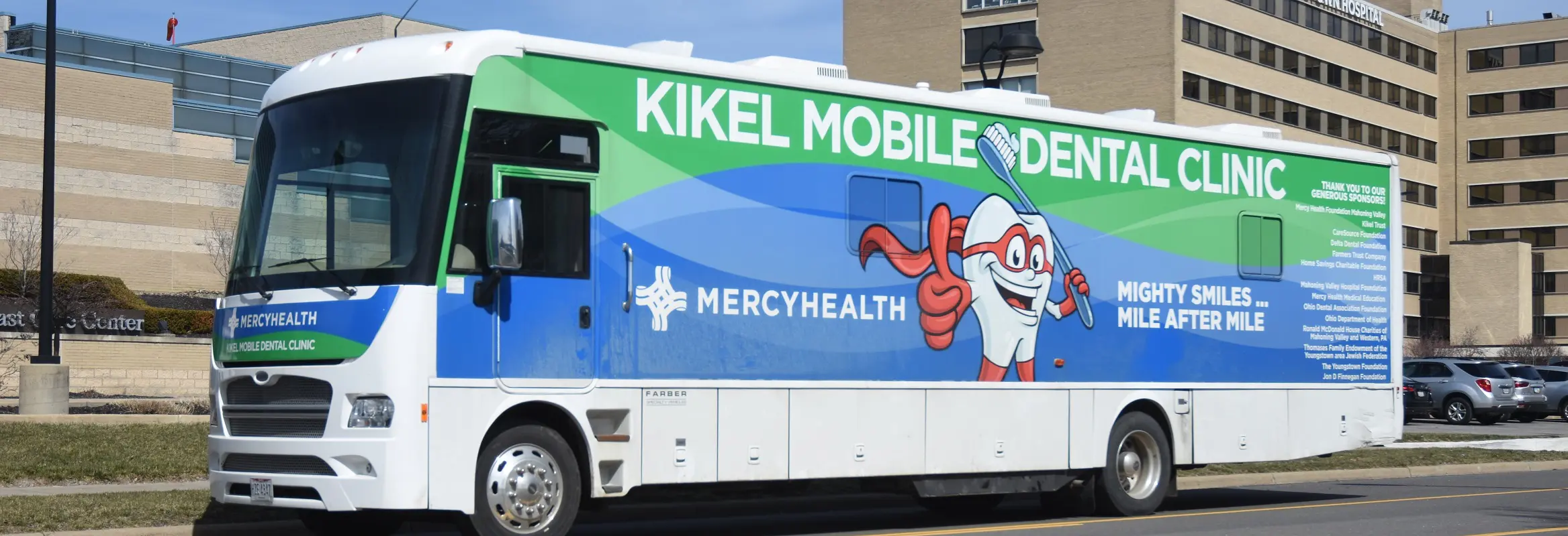 The Kikel Mobile Dental Clinic parked outside Mercy Health St. Elizabeth Boardman Hospital.