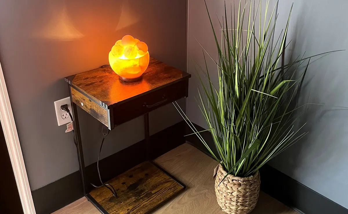 A salt lamp glows on an accent table next to a large snake plant.