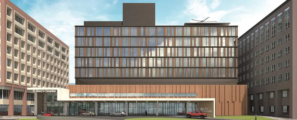 A 3D rendering of the exterior of a new eight-story medical building.