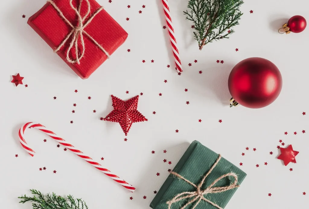 Festive winter holiday decor against a white background.