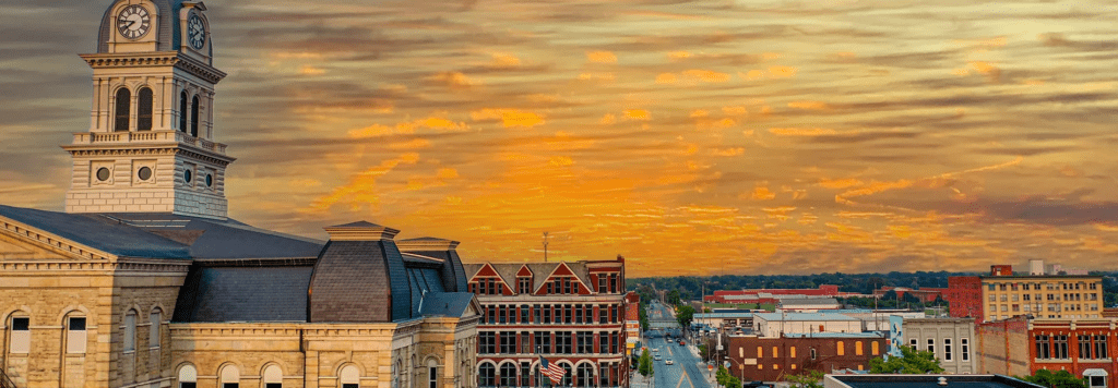 Skyline of downtown Lima, OH at sunset.