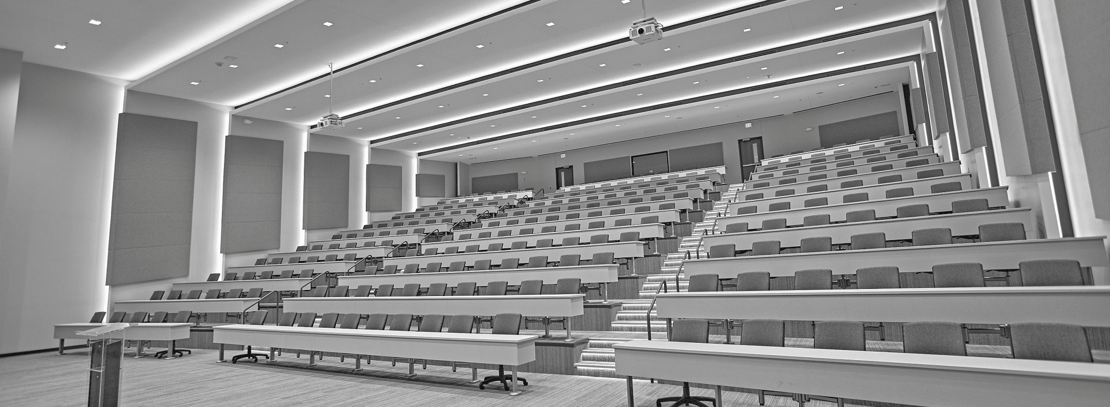 The interior of a modern lecture hall at St. Rita's Medical Center Graduate Education Medical wing.