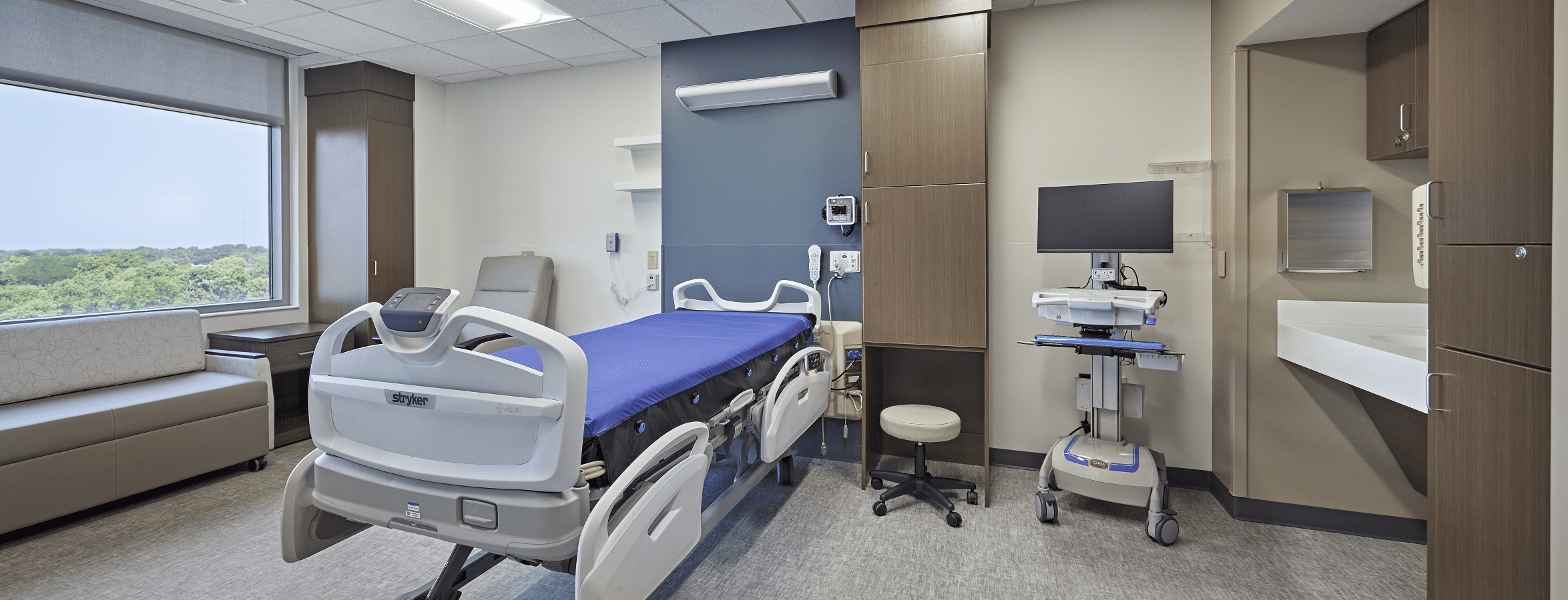 The interior of a freshly renovated patient room at Mercy Health St. Rita's Medical Center in Lima, OH.