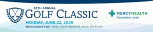 Banner with details of the 2026 Golf Classic hosted by Mercy Health Foundation Lorain