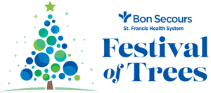 Stylized Christmas tree made of blue and green circles with a star on top, beside the Bon Secours St. Francis Health System 'Festival of Trees' text.