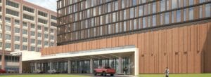 A 3D rendering of the exterior of a new eight-story medical building.