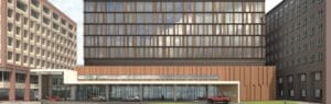 A 3D rendering of a new eight-story medical building.