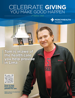 Magazine cover: 'Celebrate Giving You Make Good Happen' featuring Tom in a clinic setting, with a headline about health care you help provide in Lima.