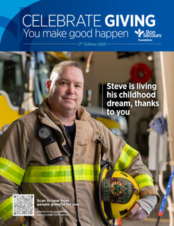 Celebrate Giving magazine cover featuring a firefighter in uniform holding a helmet; headline reads, "Steve is living his childhood dream, thanks to you."