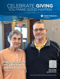 Banner for Celebrate Giving by Merck Foundation; photo of Garry and Jane with caption 'Garry and Jane are pain-free, thanks to you' and a QR code on the right.