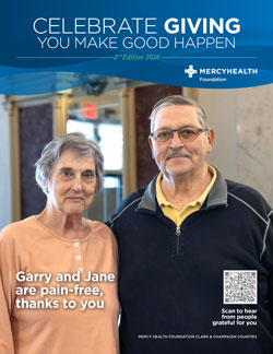 Banner for Celebrate Giving by Merck Foundation; photo of Garry and Jane with caption 'Garry and Jane are pain-free, thanks to you' and a QR code on the right.
