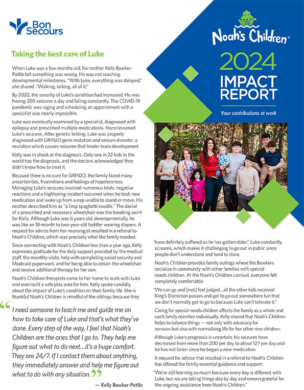 Spread: left page with Bon Secours logo and a narrative titled 'Taking the best care of Luke'; right page shows Noah’s Children 2024 Impact Report cover with blue shapes and a group photo.