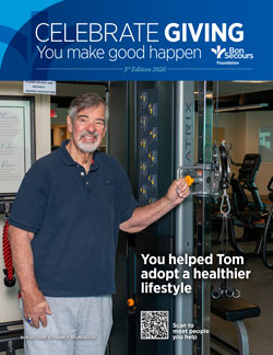 Smiling man in a gym standing beside exercise equipment under a 'Celebrate Giving' banner; caption reads 'You helped Tom adopt a healthier lifestyle'
