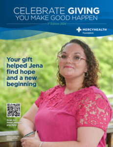 Merck Foundation fundraising poster with a smiling woman in a pink lace top; text reads 'Your gift helped Jen find hope and a new beginning' and a QR code is shown.