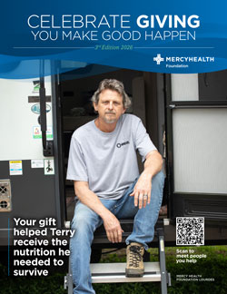 Mercy Health Celebrate Giving magazine cover: man sits on bus steps; caption says gifts helped Terry receive the nutrition he needed to survive.