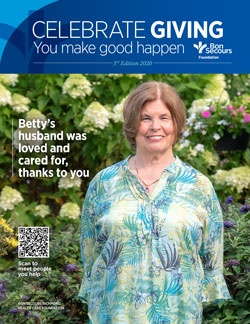 Cover image for Celebrate Giving: smiling Betty in a blue floral blouse stands in a garden; text reads 'Betty's husband was loved and cared for, thanks to you.' Includes a QR code in the lower-left and Bon Secours branding.