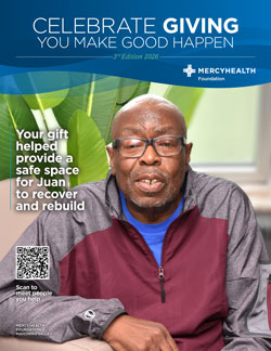 Mercy Health Celebrate Giving poster featuring a smiling man in a maroon jacket; text notes gifts provide a safe space for Juan to recover, with a QR code for more info.