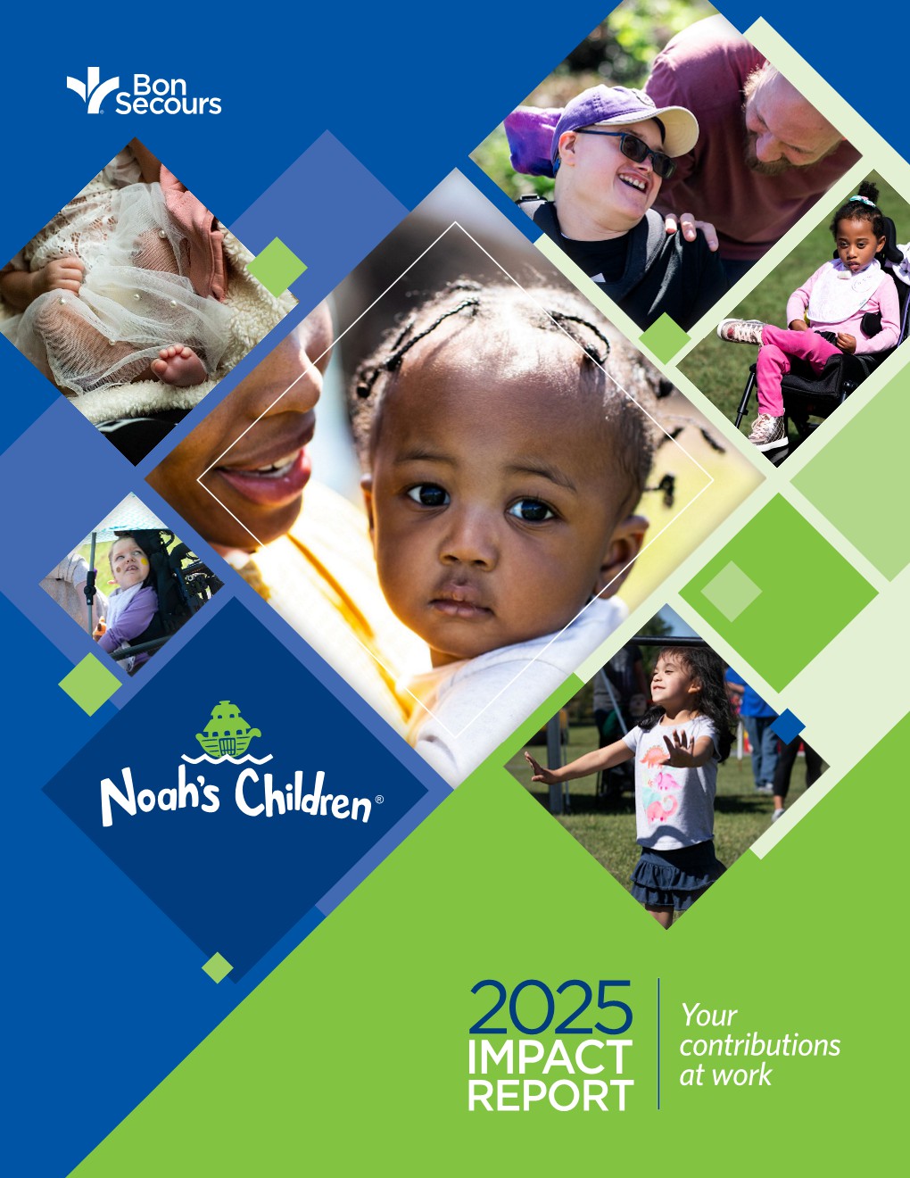 Cover image of the Noah's Children 2025 Impact Report. Green and Blue cover with small images of children