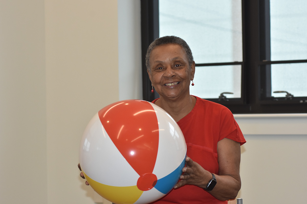 Peggy Evans fitness choice is chair volleyball