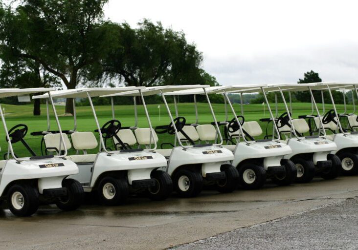 A photograph taken of golf carts parked in a row waiting for the rain to clear.